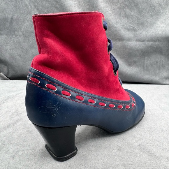 John Fluevog Operetta Bordoni Ankle Boots Women’s 8 Navy & Red Leather - Picture 2 of 16